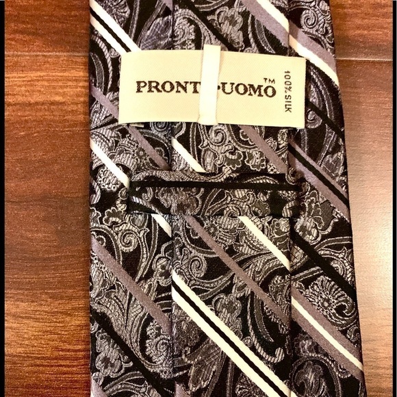 🌿SALE🌿PRONTO UOMO Black 100% Silk Diagonal Stripes Paisley Hand Made Necktie - Picture 4 of 9